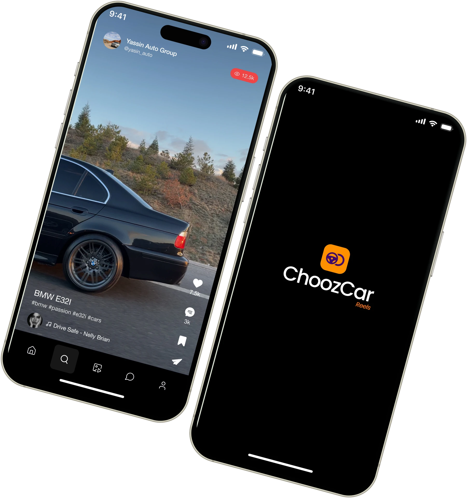 Phone mockups showing a BMW car reel and the ChoozCar Reels splash screen
