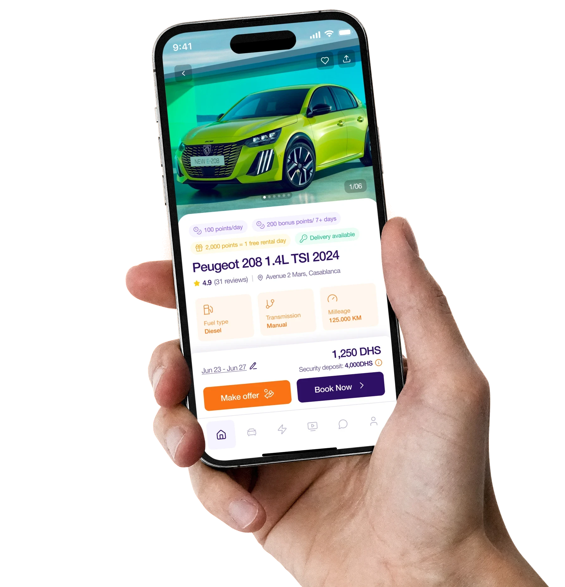 A hand holding a phone showing the XoozCar app with a Peugeot 208 rental listing
