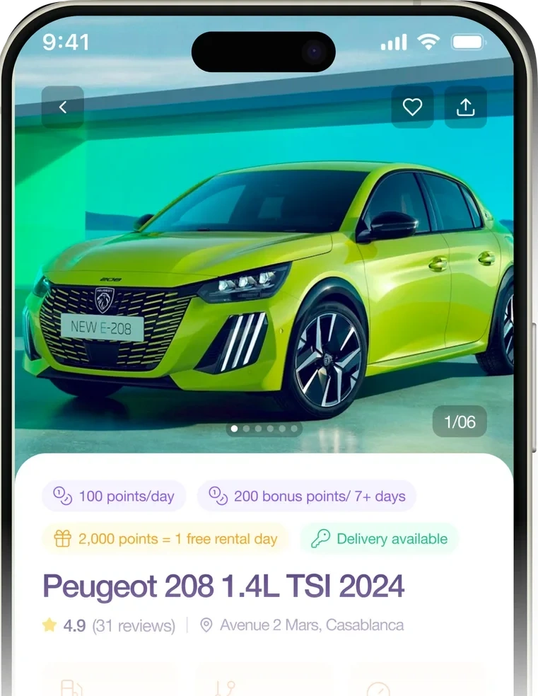 XoozCar app preview showing a car rental listing